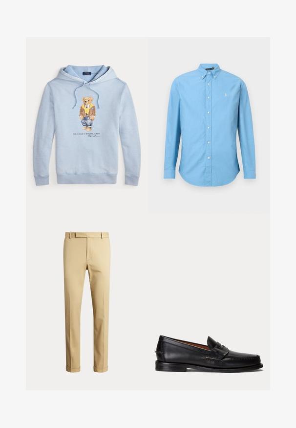 Lichtblauwe hoodie met een beer in een bril, een gele sjaal, een bruine jas, jeans en sneakers, met de tekst "Polo Bear by Ralph Lauren" eronder.; Lichtblauwe overhemd met lange mouwen en knopen. Katoenen stof, met knoopsluiting op de kraag, vijf knopen aan de voorkant en een klein geel logo op de linkerborst.; Beige broek met rechte pijpen, riemlussen, een gulp aan de voorkant en omgeslagen zomen, afgebeeld tegen een effen lichte achtergrond.; Zwarte leren loafer met lage hak en penny-strap detail, van opzij getoond op een lichtgrijze achtergrond.