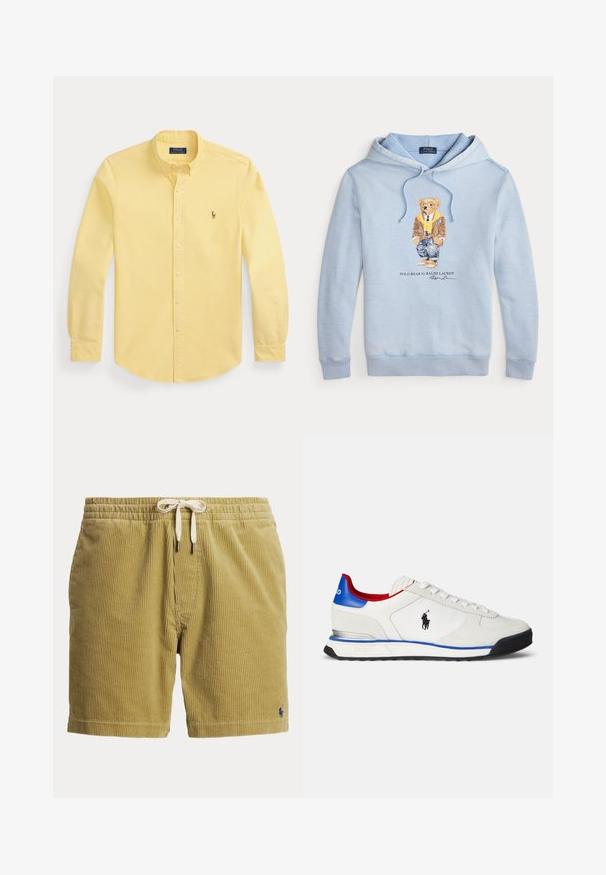 Vaaleansininen huppari, jossa on karhu, joka käyttää silmälaseja, keltaista huivia, ruskeaa takkia, farkkuja ja tennareita. Hupparin alla on teksti "Polo Bear by Ralph Lauren".; Keltainen pitkähihaisen napillinen kauluksellinen paita, jossa vasemmalla rinnalla pieni kirjailtu logo, asetettuna tasaisesti valkoiselle taustalle.; Vaaleanruskeat corduroy-housut, joissa joustava vyötärönauha ja valkoinen kiristysnyöri, jalassa oikeassa alakulmassa pieni sininen brodeerattu logo.; Valkoinen lenkkari, jossa on sileä nahka- ja tekstiilipäällinen, sinisiä ja punaisia korostuksia, musta pohja ja pieni logo sivulla.