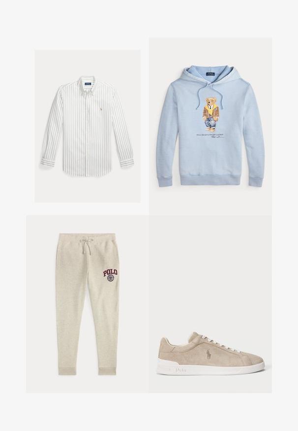 Helehelesinine kapuutsiga sulejope, millel on prillidega karu, kollane sall, pruun jakk, teksad ja tossud ning allpool tekst "Polo Bear by Ralph Lauren".; Valge pika varrukaga nööbitav särk, millel on õhukesed vertikaalsed sinised triibud ja väike tikitud logo vasakul rinnal.; Beežid paelaga dressipüksid küljetaskutega ning punase "POLO" logoga ja embleemiga ülemisel vasakul reiel.; Bež nubukist sneaker valgete paeltega ja tallaga, külje peal brodeeritud Polo logo ning tallal reljeefse "Polo" kujutisega.