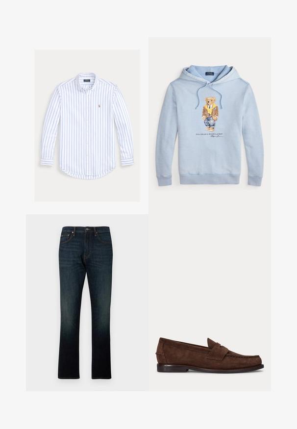 Svetlo modrá mikina s kapucňou, na ktorej je medveď s okuliarmi, žltým šálom, hnedou bundou, džínsami a teniskami, s textom "Polo Bear by Ralph Lauren" nižšie.; Košeľa s dlhým rukávom na gombíky, s bledomodrými zvislými pruhmi a malým vyšívaným logom na ľavej strane hrude.; Tmavomodré rovné rifle s piatimi vreckami a oranžovým prešitím, zobrazené plocho na bielom pozadí.; Hnedý semišový penny loafer s nízkym opätkom a viditeľným prešitím pozdĺž špičky, bokov a zadnej časti, zobrazený na jednolivom svetlom pozadí.