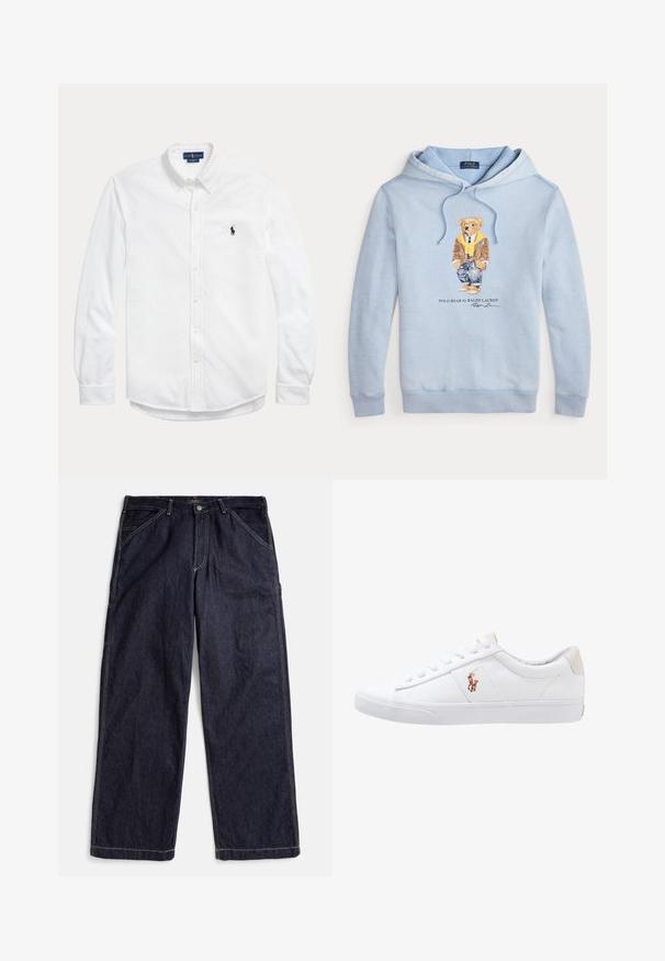 Himmelblauer Kapuzenpulli mit einem Bären, der eine Brille, einen gelben Schal, eine braune Jacke, Jeans und Sneaker trägt, mit dem Text "Polo Bear by Ralph Lauren" darunter.; Weißes langärmliges Hemd mit Knopfleiste, Button-down-Kragen und kleinem dunklem Polo Ralph Lauren Logo auf der linken Brust.; Dunkelblaue, gerade geschnittene Jeans aus Denim mit Kontrastnähten, Gürtelschlaufen und Vordertaschen, flach auf einem weißen Hintergrund liegend.; Weiße Leinensneaker im Low-Top-Design mit einem beigen Ferseneinsatz und einem kleinen gestickten Logo an der Seite. Gummisohle.