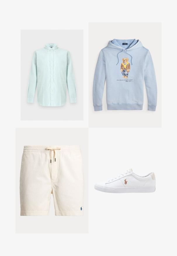 Lyseblå hættetrøje med en bjørn iført briller, et gult tørklæde, brun jakke, jeans og sneakers med teksten "Polo Bear by Ralph Lauren" nedenunder.; Lyseblå langærmet skjorte med knapper, knap ned på kraven, hvide knapper og buet kant på neutral baggrund.; Kremfarvede kordfløjls-shorts med elastik i taljen, snøre og lille mørkeblå broderet logo nær kanten på venstre ben.; Hvide kanvas sneakers med lågtop design, prydet med en beige hælkappe og et lille broderet logo på siden. Gummisål.