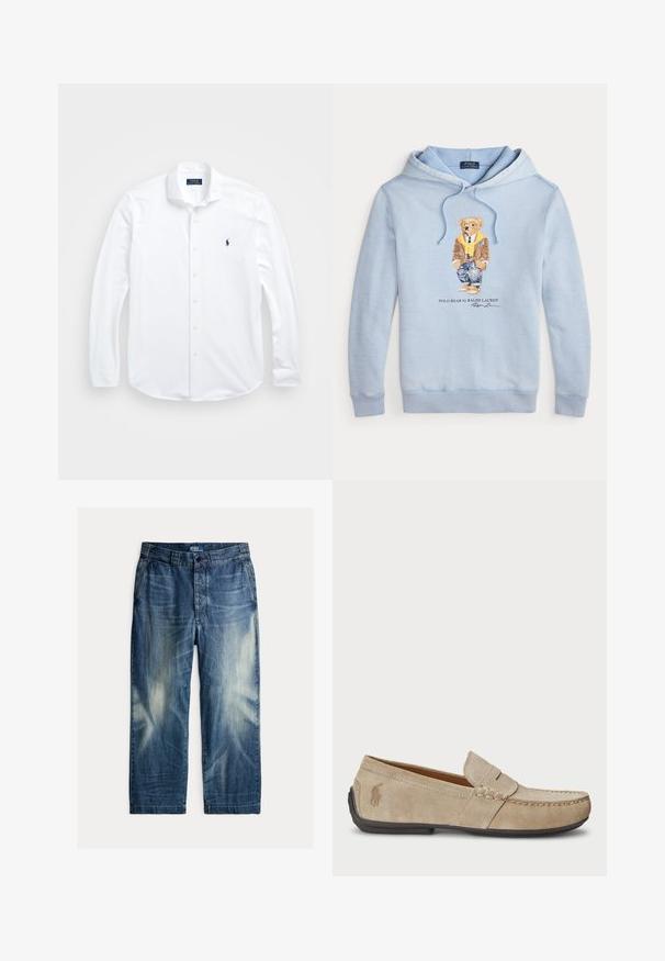 Lyseblå hættetrøje med en bjørn iført briller, et gult tørklæde, brun jakke, jeans og sneakers med teksten "Polo Bear by Ralph Lauren" nedenunder.; Hvid langærmet skjorte med knapper lavet af bomuld. Har en klassisk krave, regular fit og et lille marineblåt logo på brystet.; Blå falmede denimjeans med forlommer, bæltestropper, knaplukning og mærket "Polo by Ralph Lauren" på indersiden af linningen.; Beige ruskindsloafers med syninger, flad gummisål og et lille logo på siden. Klassisk slip-on design, blød tekstur.