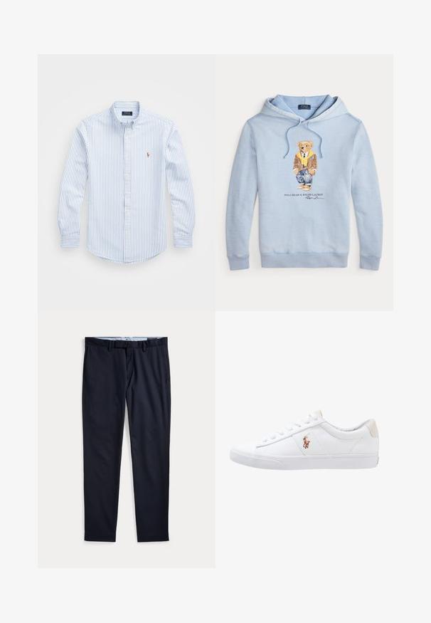 Svetlo modrá mikina s kapucňou, na ktorej je medveď s okuliarmi, žltým šálom, hnedou bundou, džínsami a teniskami, s textom "Polo Bear by Ralph Lauren" nižšie.; Svetlomodrá a biela pruhovaná košeľa na gombíky s golierom, dlhými rukávmi a malým vyšívaným logom na hrudi. Materiál: bavlna.; Pánske spoločenské nohavice námornícko modrej farby s pútkami na opasok, zipsom a bočnými vreckami, položené na bielom pozadí.; Biele plátenné tenisky s nízkym strihom, ktoré majú béžový opasok na päte a malé vyšívané logo na boku. Gumová podrážka.