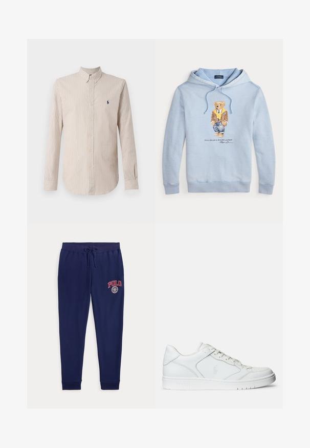Lyseblå hættetrøje med en bjørn iført briller, et gult tørklæde, brun jakke, jeans og sneakers med teksten "Polo Bear by Ralph Lauren" nedenunder.; Stribet langærmet skjorte i creme og lysebrun, med krave med knapper og et lille marineblåt logo på brystet.; Marineblå joggingbukser med snøre og rød "POLO" logo og emblem på det øverste venstre lår.; Hvide lædersneakers med en glat tekstur, der har en perforeret tå, snørebåndslukning og broderet logo på siden. Hvid gummisål.