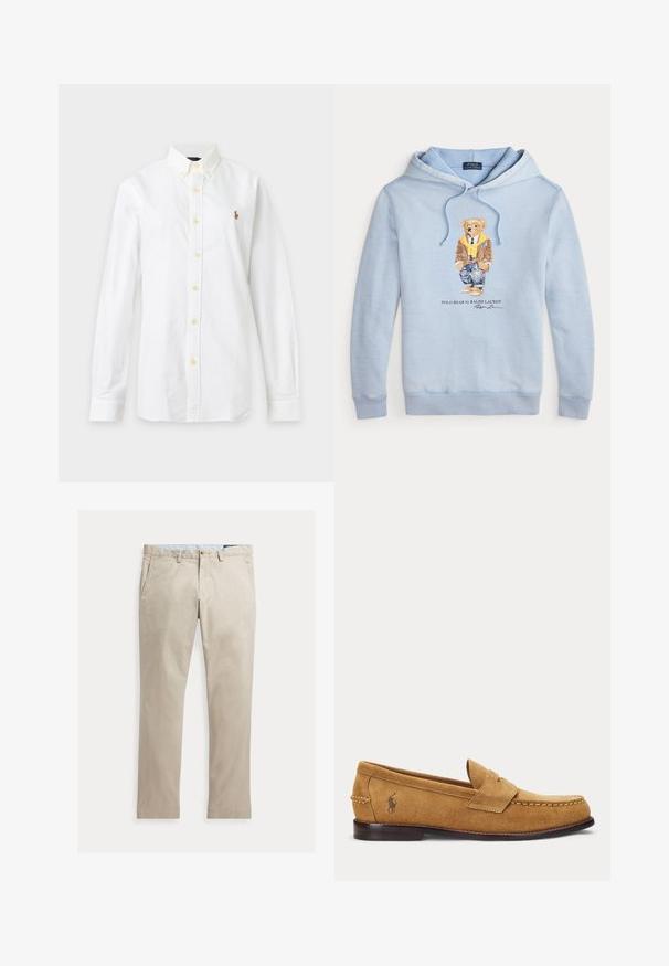 Lichtblauwe hoodie met een beer in een bril, een gele sjaal, een bruine jas, jeans en sneakers, met de tekst "Polo Bear by Ralph Lauren" eronder.; Witte blouse met lange mouwen, knoopsluiting, kraag en klein geborduurd logo op de linkerborst tegen een effen achtergrond.; Beige katoenen broek met rechte pijpen, voorzakken, riemlussen, knoopsluiting en ritssluiting, plat liggend op een witte achtergrond.; Tan suède loafer met gestikte details en een klein geborduurd paardenlogo aan de zijkant, met een lage houten hak en instapmodel.