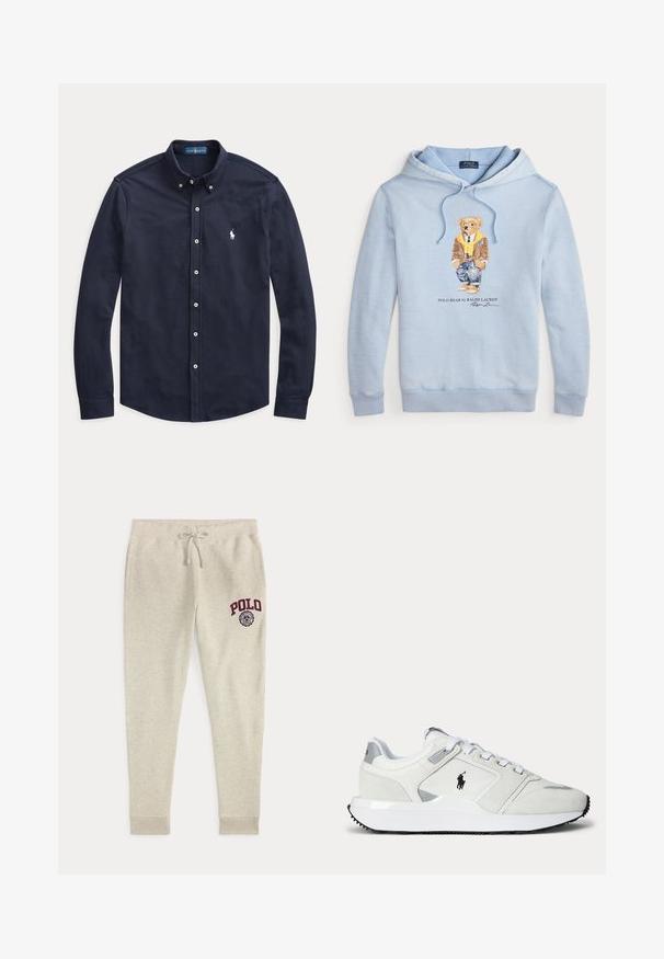 Sudadera azul clara con un oso que lleva gafas, una bufanda amarilla, chaqueta marrón, jeans y zapatillas, con el texto "Polo Bear by Ralph Lauren" debajo.; Camisa azul marino de manga larga con botones blancos y pequeño logo blanco bordado en el pecho izquierdo.; Pantalones deportivos beige con cordón, bolsillos laterales y logo y emblema rojo "POLO" en la parte superior del muslo izquierdo.; Zapatilla blanca de corte bajo con cierre de cordones, logo negro en el lateral, detalles grises y suela blanca gruesa con dibujo negro.