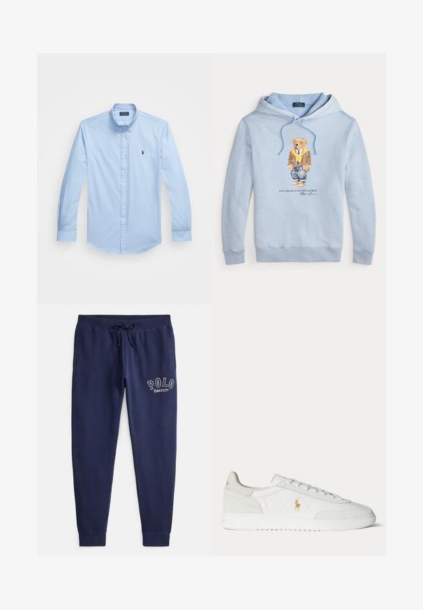 Lichtblauwe hoodie met een beer in een bril, een gele sjaal, een bruine jas, jeans en sneakers, met de tekst "Polo Bear by Ralph Lauren" eronder.; Lichtblauw overhemd met lange mouwen, gemaakt van katoen, met een puntige kraag en een geborduurd logo op de linkerborst. Vlakke voorkant ontwerp.; Marineblauwe katoenen joggers met elastische tailleband en verstelbare trekkoord. Voorzien van een geborduurd "POLO"-logo in het wit op de linkerdij.; Witte lage sneaker met vetersluiting, gouden Polo Ralph Lauren-logo aan de zijkant en een gestructureerde zool op een effen achtergrond.
