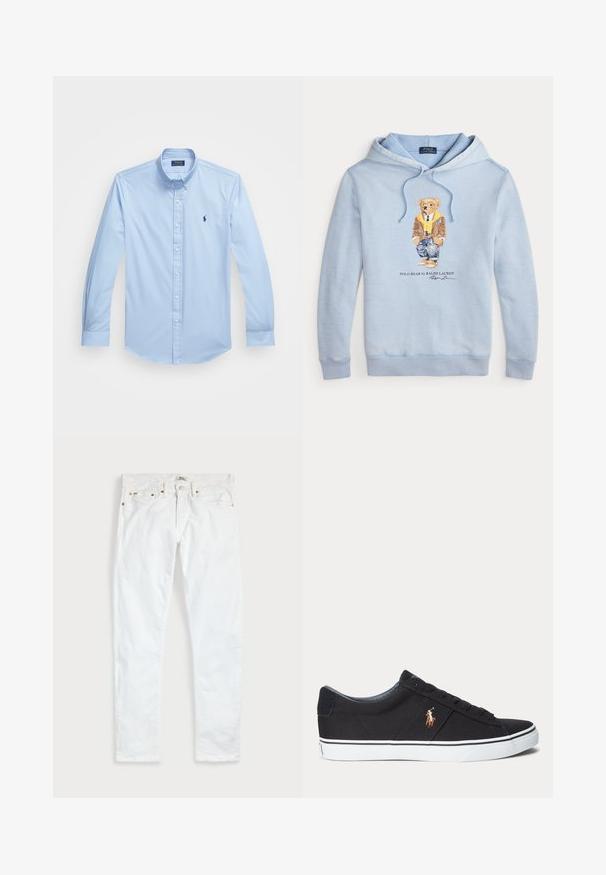 Lichtblauwe hoodie met een beer in een bril, een gele sjaal, een bruine jas, jeans en sneakers, met de tekst "Polo Bear by Ralph Lauren" eronder.; Lichtblauw overhemd met lange mouwen, gemaakt van katoen, met een puntige kraag en een geborduurd logo op de linkerborst. Vlakke voorkant ontwerp.; Witte slim-fit jeans met vijf zakken, knoopsluiting en riemlussen, plat gelegd op een effen lichte achtergrond.; Zwarte lage sneaker met witte rubberen zool en geborduurd bruin paardenlogo aan de zijkant.