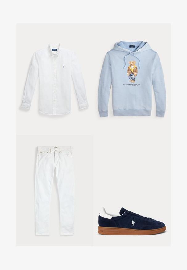 Svetlo modrá mikina s kapucňou, na ktorej je medveď s okuliarmi, žltým šálom, hnedou bundou, džínsami a teniskami, s textom "Polo Bear by Ralph Lauren" nižšie.; Biela ľanová košeľa s dlhým rukávom, zapínaním na gombíky a špicatým golierom, s vyšitým modrým logom na ľavej hrudi. Má gombíkové manžety.; Biele slim fit džínsy s piatimi vreckami, zapínaním na gombíky a opaskovými pútkami, položené na rovnej svetlej jednofarebnej podložke.; Tmavomodrá semišová teniska s bielou opätkovou záložkou, vyšívaným logom na boku, hnedou gumovou podrážkou a čiernymi šnúrkami.