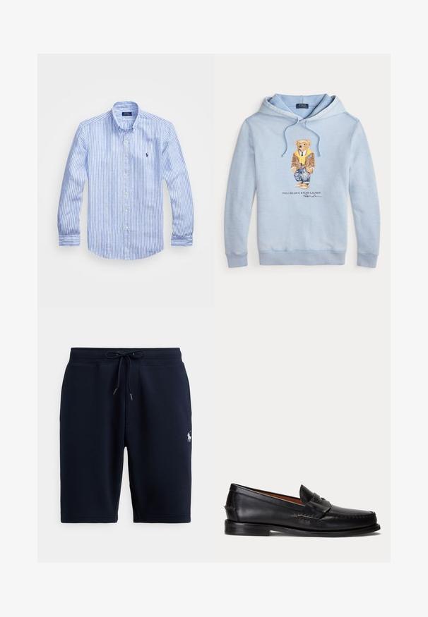 Lyseblå hættetrøje med en bjørn iført briller, et gult tørklæde, brun jakke, jeans og sneakers med teksten "Polo Bear by Ralph Lauren" nedenunder.; Blå og hvid stribet langærmet skjorte lavet af bomuld, med knap-ned krave, frontknapper og et lille broderet logo på brystet.; Marineblå atletiske shorts i bomuld med elastisk taljebånd, snor og logoaccents på venstre side. Glat tekstur, knælang.; Sort læderloafer med lav hæl og pennyremdetalje, vist fra siden på en lysegrå baggrund.