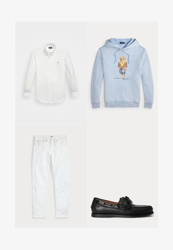 Vaaleansininen huppari, jossa on karhu, joka käyttää silmälaseja, keltaista huivia, ruskeaa takkia, farkkuja ja tennareita. Hupparin alla on teksti "Polo Bear by Ralph Lauren".; Valkoinen pitkähihaisella nappiverkkosella miesten paita, joka on valmistettu puuvillasta. Paidassa on pieni, brodeerattu logo rinnassa ja klassinen kaulustyyli.; Valkoiset slim fit -farkut, joissa on viisi taskua, napin suljenta ja vyölenkit, asetettuna litteästi yksinkertaisen vaalean taustan päälle.; Musta nahkainen mokkasiini, jossa nyöritys ja matala kumipohja, sivulta kuvattuna vaalealla taustalla.