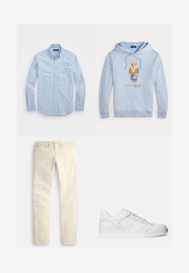 Lichtblauwe hoodie met een beer in een bril, een gele sjaal, een bruine jas, jeans en sneakers, met de tekst "Polo Bear by Ralph Lauren" eronder.; Lichtblauwe overhemd met lange mouwen, gemaakt van katoen, met een klassieke kraag en een klein rood geborduurd logo op de borst.; Lichtbeige rechte broek van een gestructureerde stof. Voorzien van vijf zakken en bruine metalen accenten. Geen zichtbare patronen of versieringen.; Witte leren sneaker met een gladde textuur, voorzien van een geperforeerde neus, vetersluiting en geborduurde logo aan de zijkant. Witte rubberen zool.