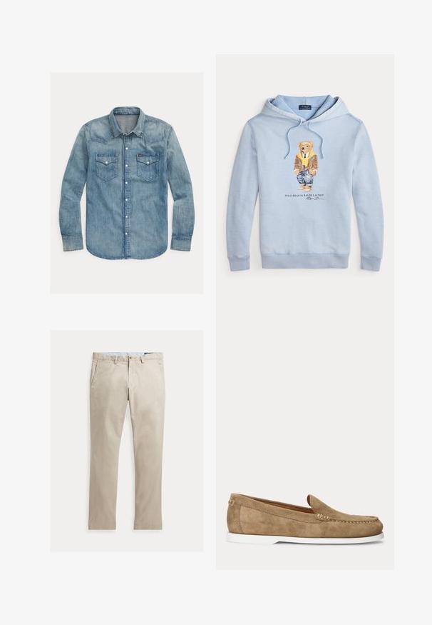 Helehelesinine kapuutsiga sulejope, millel on prillidega karu, kollane sall, pruun jakk, teksad ja tossud ning allpool tekst "Polo Bear by Ralph Lauren".; Hele sinine teksapusa, millel on terav krae, pikad varrukad, kaks rinnataskut ja nupuvajutusega kinnitused. Klassikaline läänelike stiil.; Beežid sirgete säärega puuvillased püksid ees taskute, vööaasade, nööbi- ja tõmblukuga, laotatud valgel taustal.; Heledatpruun seemisnahast mokassiin valge tallaga, mokasiinõmblustega ja libiseva disainiga, küljelt nähtav tavalise tausta ees.