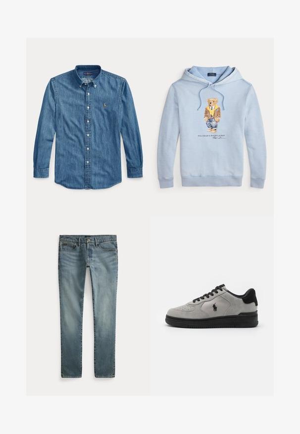 Svetlo modrá mikina s kapucňou, na ktorej je medveď s okuliarmi, žltým šálom, hnedou bundou, džínsami a teniskami, s textom "Polo Bear by Ralph Lauren" nižšie.; Modrá rifľová košeľa s dlhým rukávom, golierom a malým vyšívaným logom na ľavej strane hrudníka vedľa gombíkov.; Modré džínsové nohavice s rovnými nohavicami, prednými vreckami, pútkami na opasok a zapínaním na gombíky.; Sivé semišové tenisky s čiernymi akcentami, s textúrovanou bočnou panelou, okrúhlou špičkou a čiernou gumovou podrážkou. Vyšívané logo na boku.