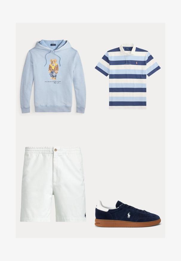 Helehelesinine kapuutsiga sulejope, millel on prillidega karu, kollane sall, pruun jakk, teksad ja tossud ning allpool tekst "Polo Bear by Ralph Lauren".; Lühikeste varrukatega polosärk, millel on laiad horisontaalsed triibud mereväesinises, helesinises ja valges, valge krae ja väike oranž logo.; Valged meeste lühikesed püksid elastse vööe, nööpidega kinnituse, küljetaskute ja väikese tumeda logoga ühe jala alumise ääre lähedal.; Tumesinist seemisnahast toss valge kannataskuga, küljel tikitud logoga, pruun kummipõhi ja mustade ninadega.