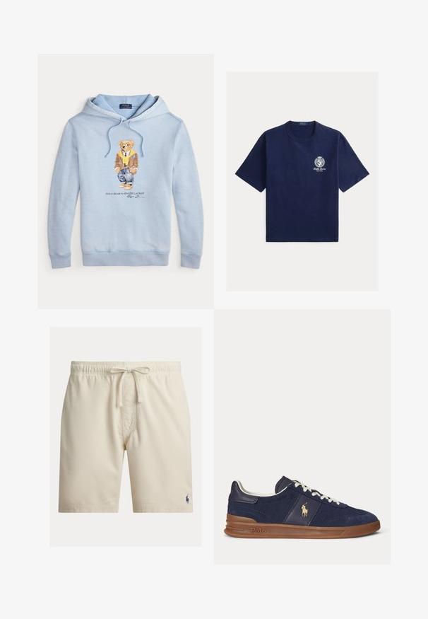 Himmelblauer Kapuzenpulli mit einem Bären, der eine Brille, einen gelben Schal, eine braune Jacke, Jeans und Sneaker trägt, mit dem Text "Polo Bear by Ralph Lauren" darunter.; Marineblaues Baumwoll-T-Shirt mit kurzen Ärmeln, rundem Ausschnitt und weißem Logo mit Lorbeerakzenten auf der linken Brustseite.; Beige Herren-Shorts mit elastischem Bund und Kordelzug, mit einem kleinen dunklen Logo am unteren linken Bein.; Marineblaue Low-Top-Sneaker mit weißen Schnürsenkeln, brauner Sohle und Polo-Spieler-Logo an der Seite, von links betrachtet.