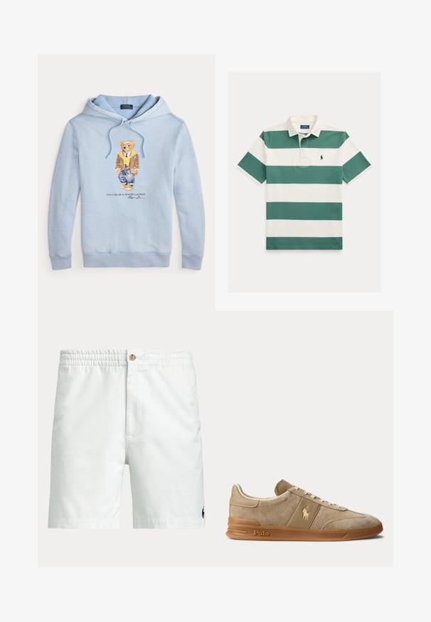 Helehelesinine kapuutsiga sulejope, millel on prillidega karu, kollane sall, pruun jakk, teksad ja tossud ning allpool tekst "Polo Bear by Ralph Lauren".; Lühikeste varrukatega polo särk laiade horisontaalsete roheliste ja valgete triipudega, valge kraega ja väikese tikitud logoga rinnal.; Valged meeste lühikesed püksid elastse vööe, nööpidega kinnituse, küljetaskute ja väikese tumeda logoga ühe jala alumise ääre lähedal.; Beež color veluurist ja nahast madala säärega toss kummikõrrega, valgete paelte ja Polo logoga küljel ning tallal.