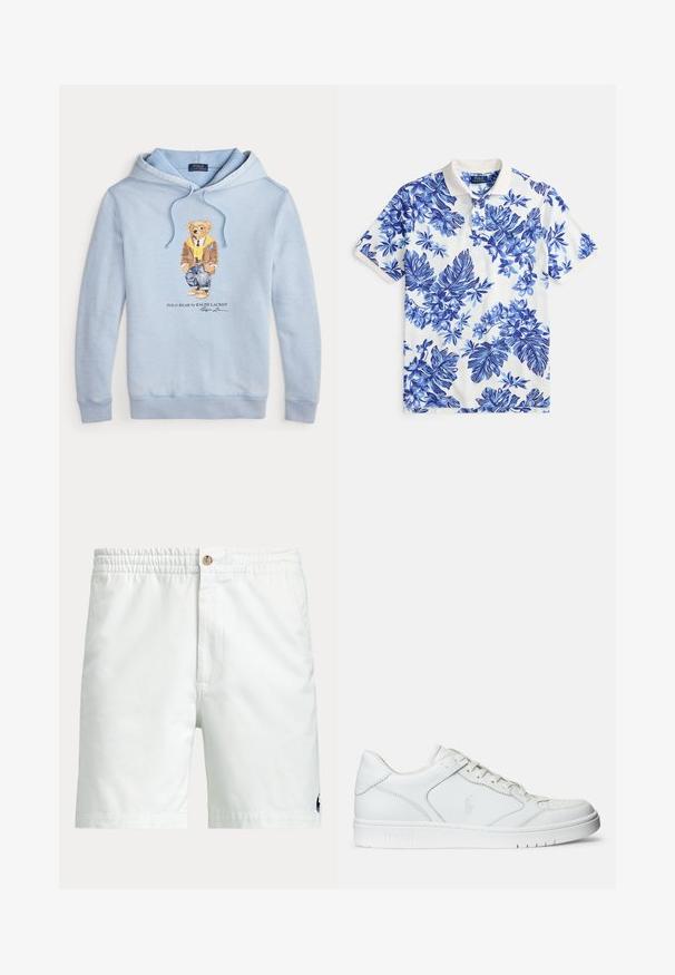 Sudadera azul clara con un oso que lleva gafas, una bufanda amarilla, chaqueta marrón, jeans y zapatillas, con el texto "Polo Bear by Ralph Lauren" debajo.; Polo de manga corta en blanco con un patrón floral azul, cuello de canalé y tapeta de tres botones. Tejido suave con textura lisa.; Pantalones cortos blancos para hombre con cinturilla elástica, cierre de botón, bolsillos laterales y pequeño logo oscuro cerca del dobladillo inferior en una pierna.; Zapatilla de cuero blanca con textura suave, que presenta una puntera perforada, cierre de cordones y logo bordado en el lateral. Suela de goma blanca.