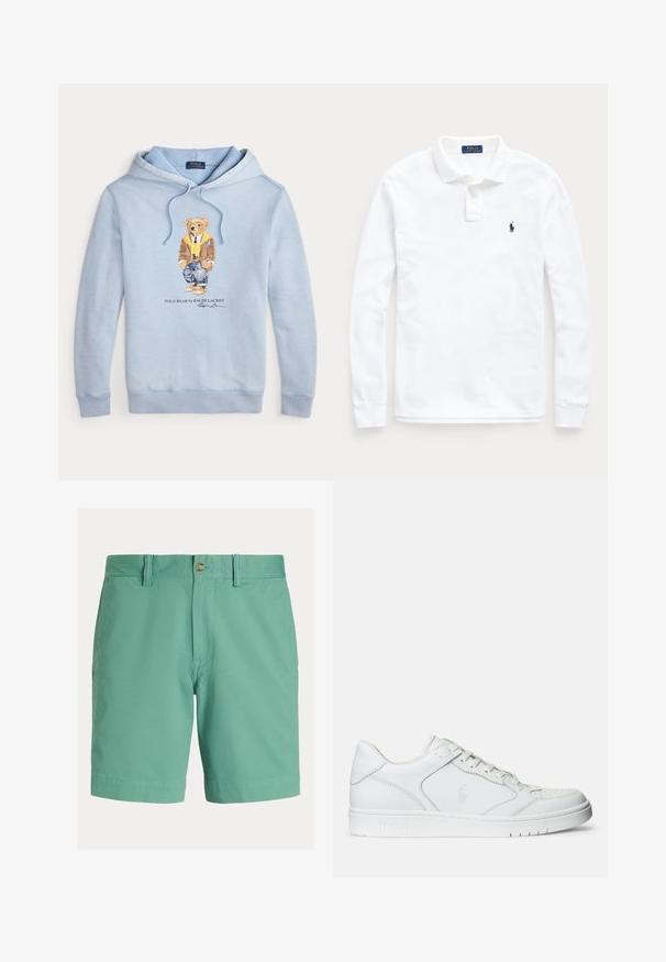 Lyseblå hættetrøje med en bjørn iført briller, et gult tørklæde, brun jakke, jeans og sneakers med teksten "Polo Bear by Ralph Lauren" nedenunder.; Hvid langærmet polo-shirt med krave, to-knaps slids og lille marineblåt broderet hestelogo på venstre bryst.; Herreshorts i lysegrøn, lavet af bomuldsblanding. Har flad front, knaplukning, bæltestropper og sidelommer. Glat tekstur.; Hvide lædersneakers med en glat tekstur, der har en perforeret tå, snørebåndslukning og broderet logo på siden. Hvid gummisål.