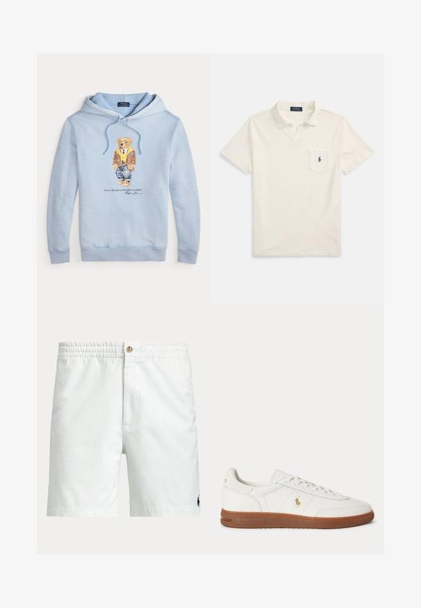 Sudadera azul clara con un oso que lleva gafas, una bufanda amarilla, chaqueta marrón, jeans y zapatillas, con el texto "Polo Bear by Ralph Lauren" debajo.; Polo de manga corta en algodón color crema con cuello, bolsillo frontal y logo bordado en azul marino en el pecho izquierdo. Dobladillo plano y aberturas laterales.; Pantalones cortos blancos para hombre con cinturilla elástica, cierre de botón, bolsillos laterales y pequeño logo oscuro cerca del dobladillo inferior en una pierna.; Zapatilla blanca de caña baja con suela marrón, cordones en la parte delantera y pequeño logo dorado de Polo Ralph Lauren en el lateral.