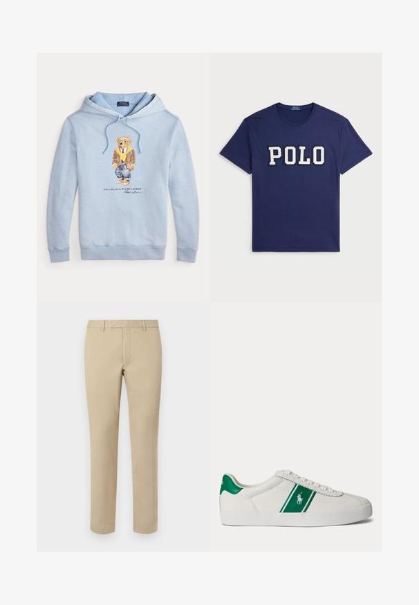 Sudadera azul clara con un oso que lleva gafas, una bufanda amarilla, chaqueta marrón, jeans y zapatillas, con el texto "Polo Bear by Ralph Lauren" debajo.; Camiseta azul marino de algodón, con un gran gráfico en blanco que dice "POLO", con cuello redondo y mangas cortas.; Pantalones de algodón beige con corte recto, que cuentan con presillas para cinturón, frente plano y dobladillos ajustados. Textura suave y detalles mínimos.; Zapatilla blanca de corte bajo con una franja verde y el logo de Polo en el lateral, lengüeta verde en el talón y cordones blancos, mostrada desde el lado izquierdo sobre un fondo liso.