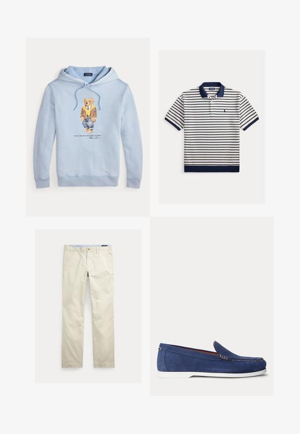Lyseblå hættetrøje med en bjørn iført briller, et gult tørklæde, brun jakke, jeans og sneakers med teksten "Polo Bear by Ralph Lauren" nedenunder.; Hvid kortærmet polo med navyblå vandrette striber, navy krave og et lille broderet logo på venstre bryst.; Beige bomuld straight-leg bukser med bæltestropper, forreste knap, lynlås og sidelommer.; Blå ruskindsloafer med hvid sål og beige syninger langs den øverste kant vist mod en ensfarvet hvid baggrund.