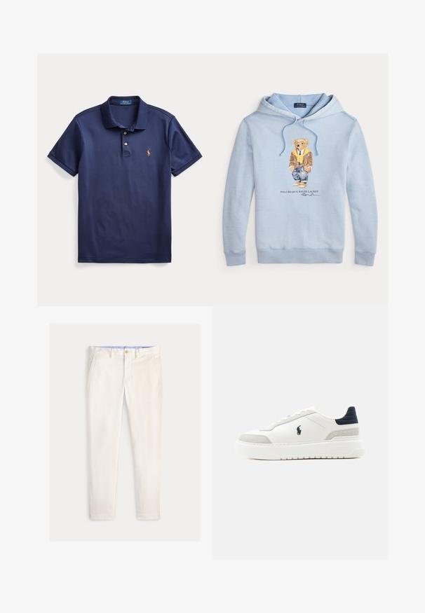 Lyseblå hættetrøje med en bjørn iført briller, et gult tørklæde, brun jakke, jeans og sneakers med teksten "Polo Bear by Ralph Lauren" nedenunder.; Marineblå polo med korte ærmer, to knapper og lille broderet logo på venstre bryst.; Herre slim-fit off-white bukser med frontlommer, bæltestropper og knaplukning på en ensfarvet baggrund.; Hvid lav sneakers med sort hælflap, grå ruskindsdetaljer, tyk sål og sort Polo-logo på ydersiden.