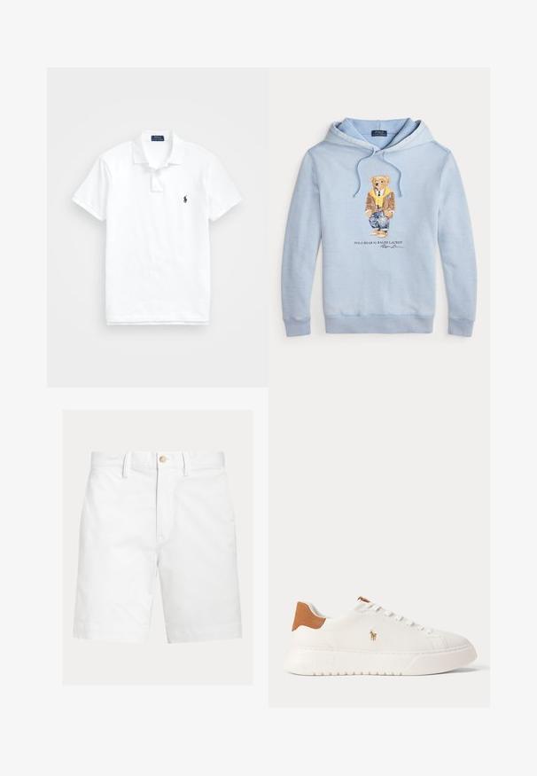 Sudadera azul clara con un oso que lleva gafas, una bufanda amarilla, chaqueta marrón, jeans y zapatillas, con el texto "Polo Bear by Ralph Lauren" debajo.; Camisa polo blanca de algodón. Cuenta con un cuello clásico, una tapeta de tres botones, mangas cortas y un pequeño logo en azul marino en el pecho.; Pantalones cortos blancos hasta la rodilla con trabillas para cinturón y cierre con botón marrón en la cintura, mostrados sobre un fondo liso.; Zapatilla blanca de caña baja con lengüeta trasera en color marrón claro, cordones blancos y un pequeño logo bordado de jugador de polo en el lateral sobre una suela gruesa.