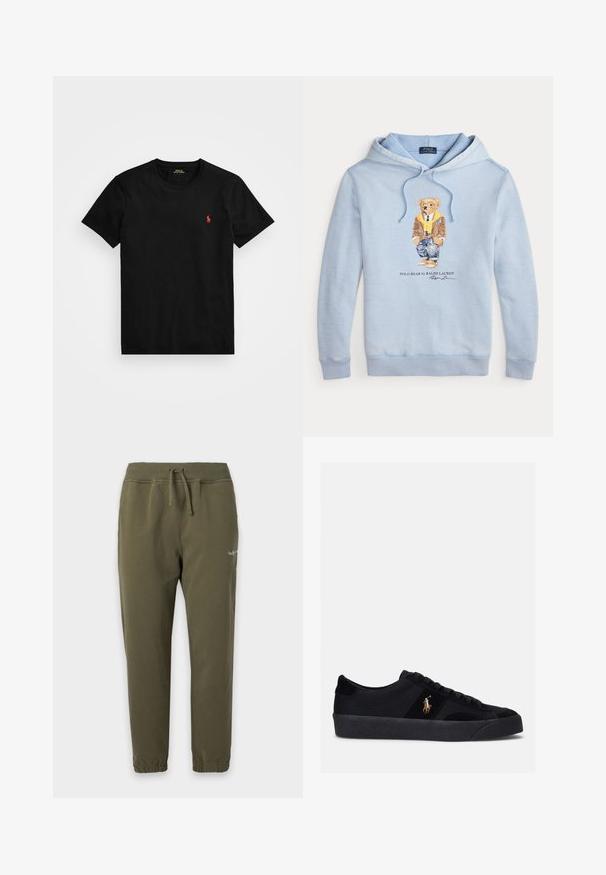 Helehelesinine kapuutsiga sulejope, millel on prillidega karu, kollane sall, pruun jakk, teksad ja tossud ning allpool tekst "Polo Bear by Ralph Lauren".; Must värvi puuvillane T-särk ümarate kaelustega, lühikeste varrukatega ja vasakul rinnal väikese punase tikitud logoga. Sile tekstuur, klassikaline lõige.; Oliivrohelised dressipüksid elastse vöökoha ja mansettidega, paelaga ning väike valge logo reie ülaosas.; Mustavad tossud, mille pealsel on kangas ja nahaefekt, ümar varvas, lame kummist tald ja tikitud logo küljel. Sidumisdisain kuue silmadega.