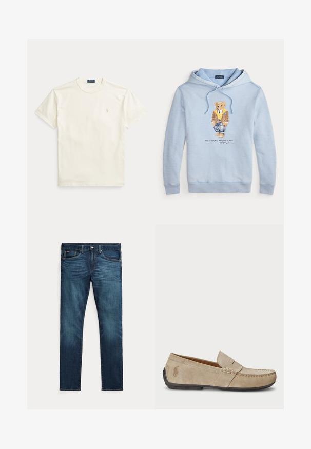 Himmelblauer Kapuzenpulli mit einem Bären, der eine Brille, einen gelben Schal, eine braune Jacke, Jeans und Sneaker trägt, mit dem Text "Polo Bear by Ralph Lauren" darunter.; Baumwoll-T-Shirt in Cremefarbe mit kurzen Ärmeln. Verfügt über ein dezentes, auf der linken Brust gesticktes Logo und einen Rundhalsausschnitt.; Dunkelblaue Slim-Fit-Jeans mit vorderem Knopf und Reißverschluss, fünf Taschen sowie dezenter Verfärbung an den vorderen Oberschenkeln und Knien.; Beige Wildleder Slipper mit gesticktem Detail, flacher Gummisohle und kleinem Logo an der Seite. Klassisches Slip-On-Design, weicher Textur.