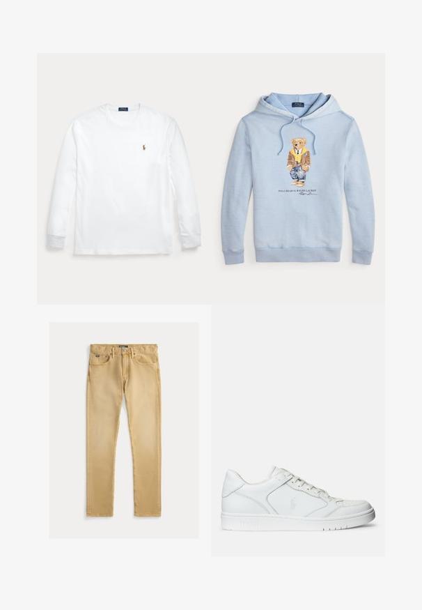 Helehelesinine kapuutsiga sulejope, millel on prillidega karu, kollane sall, pruun jakk, teksad ja tossud ning allpool tekst "Polo Bear by Ralph Lauren".; Valge pikkade varrukatega ümara kaelusega särk, vasakul rinnal väike tikkimismärgiga Polo Ralph Laureni logo.; Beige puuvillased teksad, millel on kitsas lõige, viie tasku disain ja nähtav õmblus. Omab metallist nöpp ja silt vööl.; Valged nahast spordijalatsid siledast materjalist, millel on ventilatsiooniga varvas, paelad ja kõrvale brodeeritud logo. Valge kummitald.
