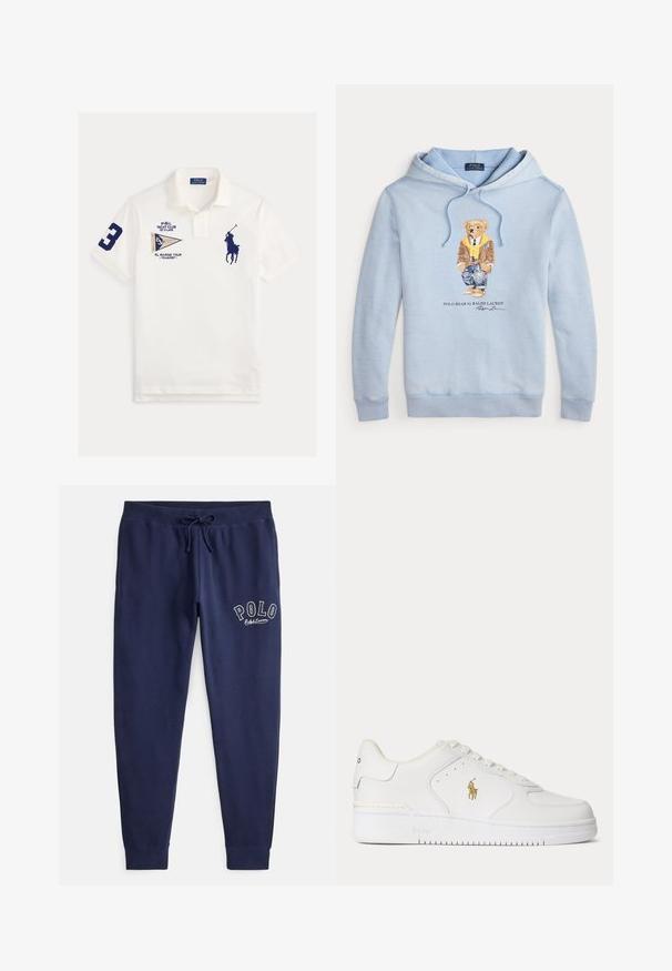 Lyseblå hettegenser med en bjørn iført briller, et gult skjerf, brun jakke, jeans og joggesko, med teksten "Polo Bear by Ralph Lauren" nedenfor.; Hvit poloskjorte med marineblå nummer 3 på ermet, marineblå polospiller-logo på brystet og yachtklubb- og marineturmerker foran.; Marineblå bomulls-joggebukser med elastisk midjebånd og justerbar snor. Har brodert "POLO"-logo i hvitt på venstre lår.; Hvit lavt skinnsko med hvite lisser og en gullfarget Polo Ralph Lauren-logo på siden og "Polo" preget på sålen.