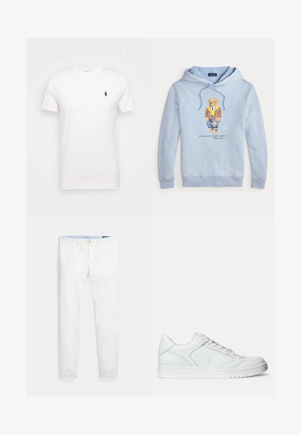 Svetlo modrá mikina s kapucňou, na ktorej je medveď s okuliarmi, žltým šálom, hnedou bundou, džínsami a teniskami, s textom "Polo Bear by Ralph Lauren" nižšie.; Biela bavlnená tričko s okrúhlym výstrihom. Na ľavej strane hrude je malé tmavomodré logo. Krátke rukávy, hladká textúra.; Biele bavlnené chino nohavice s úzkym strihom, so zlatým jedným gombíkom na zapínanie a svetlomodrým vnútorným pásom. Hladká textúra bez vzorov.; Biele kožené tenisky s hladkým povrchom, obsahujúce perforovanú špičku, šnúrkové uzatvorenie a vyšívané logo na boku. Biela gumová podrážka.