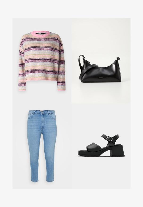 Vero Moda VMROXYO-NECK - Džemper - fuchsia pink/birch/cosmic sky /forest shade/plum; Heledad sinine kõrge vöökohtadega kitsas teksapüksid, millel on nööp ja tõmblukk, ees- ja taga taskud ning pahkluu pikkus.; Mustad mustad platvormsandaalid avatud varbaga, pahkluu rihmaga ja paksu ruudukujulise kandaga. Sile tekstuur ja minimalistlik stiil.; Mustmust nahkaga kott sileda tekstuuriga. Omab reguleeritavat rihma ja sujuvat, minimalistlikku disaini, millel on lukuga sulgemine.