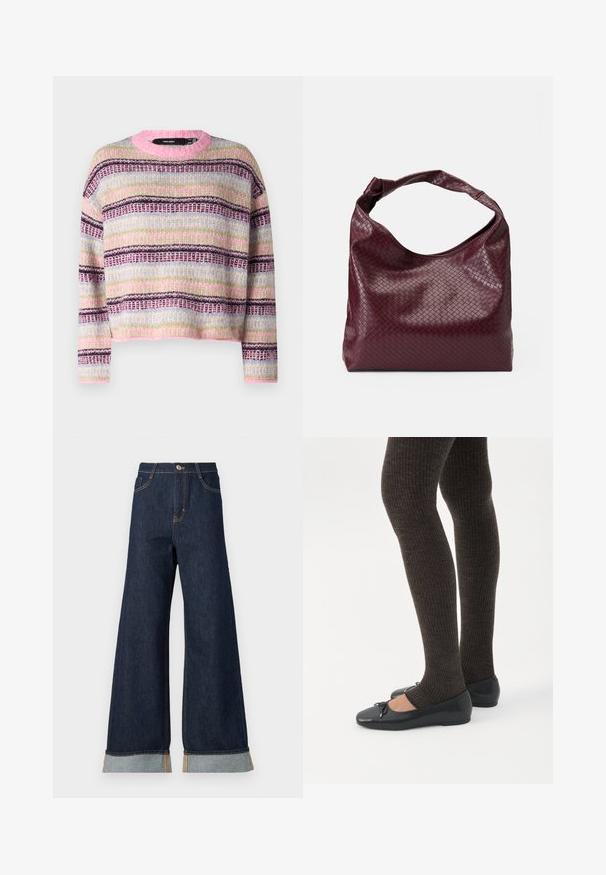 Vero Moda VMROXYO-NECK - Svetrík - fuchsia pink/birch/cosmic sky /forest shade/plum; Džíny s širokými nohavicami z tmavého denimu s oranžovým prešívaním, s vysokým pásom, dvoma prednými vreckami a zrolovanými manžetami odhaľujúcimi svetlomodrú kontrastnú látku.; Nohy v tmavých pásikavých legínach v kombinácii s čiernymi balerínkami s malými mašličkami na bielom pozadí.; Bordová taška s textúrou pleteného vzoru, z mäkkého koženého materiálu a s jedným uzlíkovým rúčkou. Priestranný dizajn v štýle hobo.