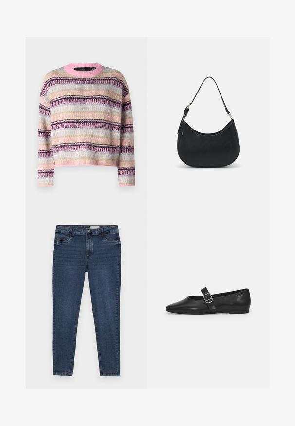 Vero Moda VMROXYO-NECK - Striktrøje - fuchsia pink/birch/cosmic sky /forest shade/plum; Mørkeblå denim jeans med slim fit, fem lomme-design og guld stikninger. Har en lynlås og knap lukning. Glat tekstur.; Sorte læder flade sko med rund tå, et enkelt justerbart spænde og en glat, blank overflade. Minimalistisk design med en lav hæl.; Sort hobo taske lavet af glat læder med en buet silhuet, der har en enkelt justerbar skulderrem og minimalistiske designdetaljer.