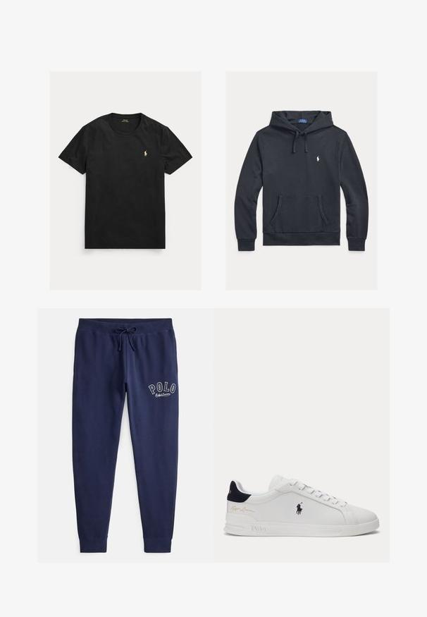 Marineblauwe katoenen hoodie met een zak aan de voorkant, verstelbare trekkoorden, geribbelde manchetten en een klein wit logo op de borst.; Zwart T-shirt met korte mouwen en ronde hals met klein geel Polo Ralph Lauren-logo op de linkerborst.; Marineblauwe katoenen joggers met elastische tailleband en verstelbare trekkoord. Voorzien van een geborduurd "POLO"-logo in het wit op de linkerdij.; Witte lage sneaker met zwart polo-speler logo aan de zijkant, navy hieltab, witte veters en "Ralph Lauren" gouden handtekening nabij de hiel