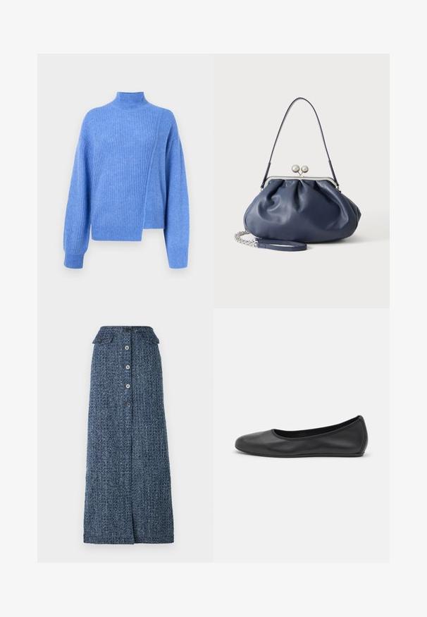 Blauwe gebreide trui met een hoge hals, voorzien van een diagonale naad en ribgebreide manchetten. Zachte textuur en een relaxte pasvorm met lange mouwen.; Denim maxi rok in donkerblauw met een gestructureerde afwerking, met een knoopsluiting aan de voorkant, twee klepzakken en een kleine split aan de voorkant.; Zwarte leren ballerina met een ronde neus, gladde textuur, minimale stikdetails en een flexibele zoolontwerp.; Zachte navyblauwe leren handtas met zilveren sluiting, enkele schouderband en afneembare ketting polsband op witte achtergrond.
