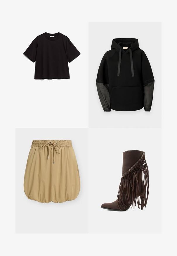 Sort hættetrøje med en frontlomme, der har satinbånd som snore og gennemsigtige, mønstrede ærmer. Blødt stof med en afslappet pasform.; Sort bomulds t-shirt med rund halsudskæring og korte ærmer. Har en afslappet pasform og et enkelt, uprydet design.; Beige bobleskjørt med elastisk talje og snøre, samlet kant der skaber en voluminøs silhuet.; Brun ruskind støvlet med høj hæl, spids tå og lange frynser, der hænger fra den øverste kant.
