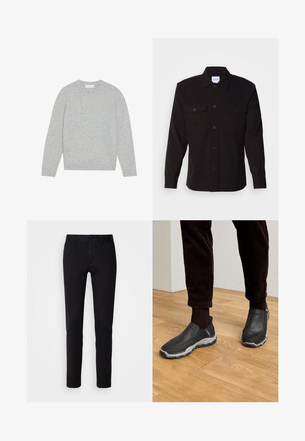 Pull en laine gris clair avec un col rond, des manches longues et des poignets et ourlet côtelés. Texture douce avec un design solide et minimal.; Chemise noire à manches longues avec un col structuré, une fermeture à boutons sur le devant et deux poches poitrine. Fabriquée dans un tissu uni au toucher lisse.; Pantalons noirs en coton lisse, avec une coupe droite, des poches avant, une fermeture à bouton et une finition soignée.; Chaussures noires à enfiler avec des dessus en cuir texturé et une semelle en caoutchouc gris, posées sur un sol en bois et accompagnées de pantalons en velours côtelé.