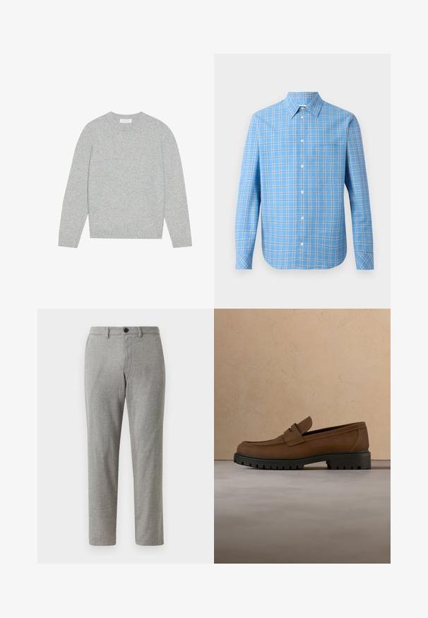 Suéter de lana gris claro con cuello redondo, mangas largas y puños y dobladillo acanalados. Textura suave con un diseño sólido y minimalista.; Camisa de cuadros azul claro, de botones y de manga larga, con cuello y un bolsillo en el pecho. Presenta acentos en blanco y negro en forma de cuadrícula.; Pantalones grises de tejido entrelazado con corte recto, con cierre de botón y cinturillas; textura suave y tela ligera para uso casual.; Mocasín de cuero marrón oscuro con suela gruesa de goma negra, mostrado sobre una alfombra beige y fondo de sofá.