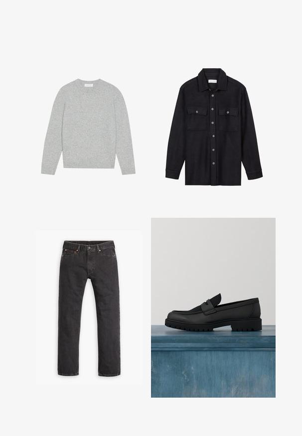 Pull en laine gris clair avec un col rond, des manches longues et des poignets et ourlet côtelés. Texture douce avec un design solide et minimal.; Veste-chemise en laine noire avec un col pointu, une fermeture à boutons sur le devant et deux poches poitrine. Dotée de boutons ton sur ton et d'une coupe décontractée.; Jeans en denim noirs à jambes droites avec cinq poches, fermeture à bouton et rivets cuivrés, posés à plat sur un fond blanc.; Chaussure noire en cuir sans lacets avec un accent en tissu texturé, une semelle en caoutchouc robuste et une finition lisse. Présente un détail de couture subtil.