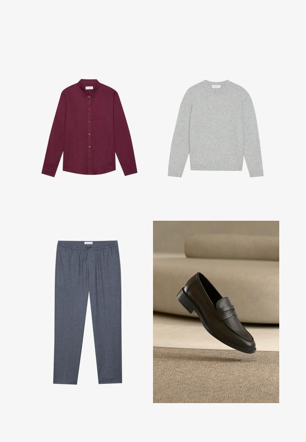 Lys grå uldtrøje med rund hals, lange ærmer og ribbede manchetter og kant. Blød tekstur med et enkelt og minimalistisk design.; Langærmet skjorte i dyb bourgogne, lavet af bomuldsblanding. Har klassisk krave, frontknaplukning og en subtil glans.; Grå, lige ben bukser med en snoretræk i taljen og en subtil tekstur. Stoffet ser blødt og behageligt ud, velegnet til afslappet brug.; Sort læder loafer sko, der hviler på et beige tæppe med en buet beige sofa i baggrunden.