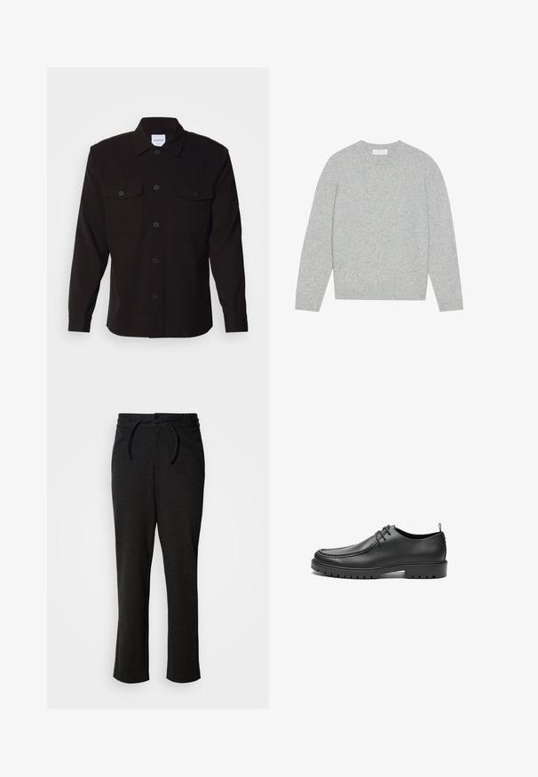 Lys grå uldtrøje med rund hals, lange ærmer og ribbede manchetter og kant. Blød tekstur med et enkelt og minimalistisk design.; Sort skjorte med lange ærmer, knaplukning foran, to brystlommer og en struktureret krave. Fremstillet af et ensartet stof med en glat tekstur.; Sorte strikbukser med snoreliv, lige ben og sidelommer. Blød tekstur med en glat overflade.; Sorte lædersko med en glat overflade, rund tå og dekorativ stikning. Har en gummisål med skridsikre spor og snørebåndsdesign.