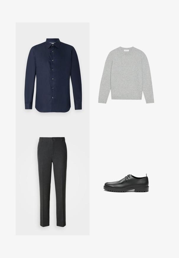 Hellgrauer Wollpullover mit rundem Ausschnitt, langen Ärmeln und gerippten Bündchen und Saum. Weiche Textur mit einem soliden, minimalistischen Design.; Navy langärmliges Hemd mit Button-Down-Kragen, glatter Textur und durchgehender Knopfleiste; bietet eine taillierte Passform und abgerundetem Saum.; Maßgeschneiderte dunkelgraue Hosen aus glattem Stoff, mit Knopfverschluss, zwei vorderen Taschen und geradem Bein.; Schwarze Lederschuhe mit glatter Oberfläche, runder Zehenform und dekorativer Naht. Mit einer Gummisohle mit Traktionsrillen und Schnürdesign.