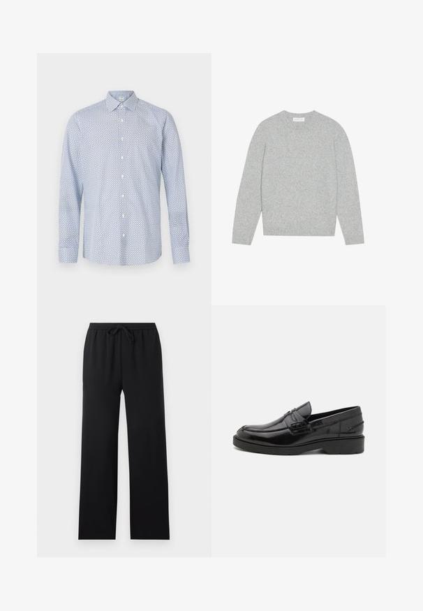 Pull en laine gris clair avec un col rond, des manches longues et des poignets et ourlet côtelés. Texture douce avec un design solide et minimal.; Chemise à manches longues boutonnée en bleu clair avec un motif géométrique et des boutons blancs, dotée d'un col pointu et d'une coupe décontractée.; Pantalon noir ample avec taille élastique et cordon de serrage à l'avant, jambes droites, design sobre, présenté sur un fond neutre.; Mocassins en cuir noir avec une finition lisse, un bout rond, un petit talon et descoutures décoratives à l'avant. Semelle en caoutchouc pour l'adhérence.