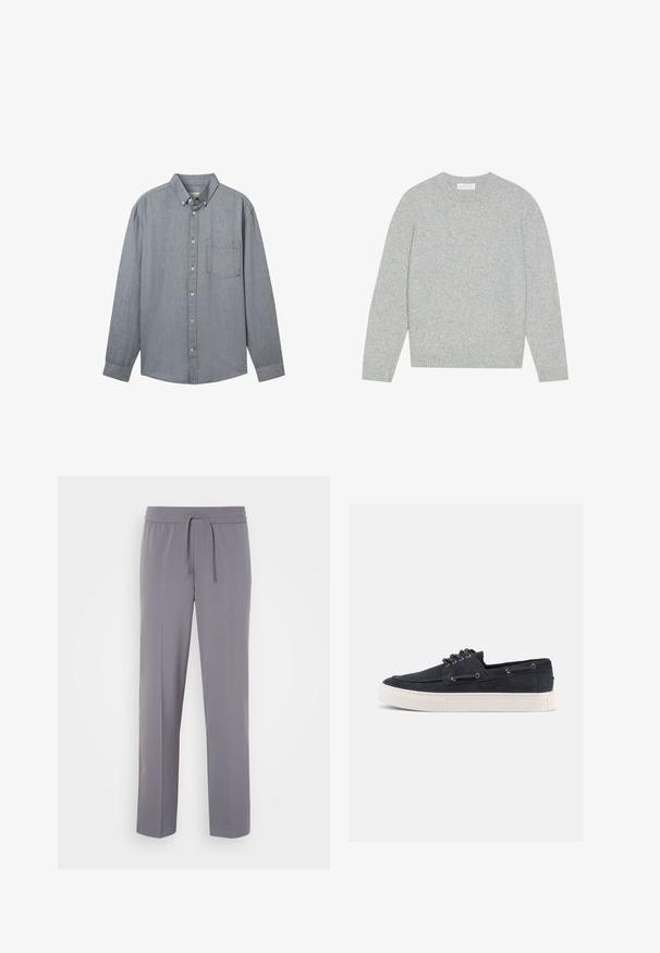 Lys grå uldtrøje med rund hals, lange ærmer og ribbede manchetter og kant. Blød tekstur med et enkelt og minimalistisk design.; Grå skjorte med knapper foran, lange ærmer, krave, en enkelt brystlomme og et struktureret stof. Fastgjort med synlige knapper ned foran.; Grå, strækbare bukser med flad front, elastisk linning og snor, med lige ben og en glat tekstur.; Mørkeblå ruskinds-casual sneaker med hvid gummisål, sorte snørebånd og metaløjer, vist fra højre side på ensfarvet baggrund.