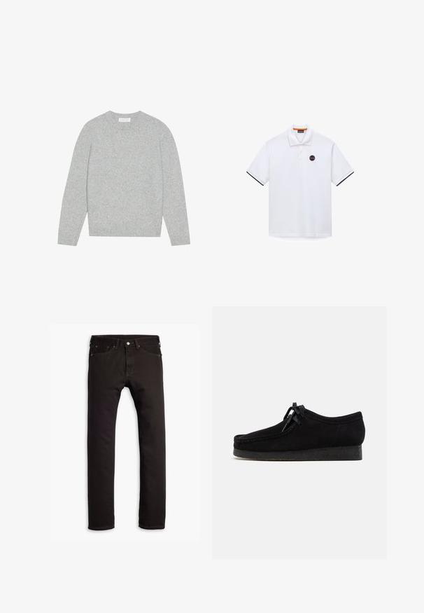 Lys grå uldtrøje med rund hals, lange ærmer og ribbede manchetter og kant. Blød tekstur med et enkelt og minimalistisk design.; Hvid polo med korte ærmer, tre knapper, sort kant på ærmerne og et lille rundt logo på venstre bryst.; Sorte slim-fit jeans med fem lommer og knaplukning, præsenteret fladt på en hvid baggrund.; Sorte ruskindsko med rund tådesign, snørebånd foran og en struktureret sort gummisål. Glat overflade med diskret syningsdetalje.