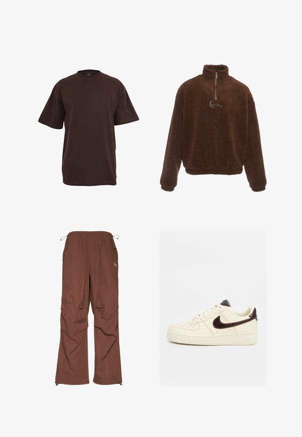 Brun fleece pullover med høj krave, halv lynlås foran og lange ærmer. Har et hvidt logo på brystet. Blødt, tekstureret stof.; Brun bomulds T-shirt med korte ærmer, rund halsudskæring og en afslappet pasform. Glat tekstur uden synlige mønstre eller accenter.; Brune cargo bukser med elastisk talje og justerbar snøre, samt sidelommer og afslappet pasform. Glat tekstur, letvægtsstof.; Beige lavskoet Nike Air Force 1 sneaker med sort swoosh-logo, beige snørebånd og beige sål på en neutral baggrund.